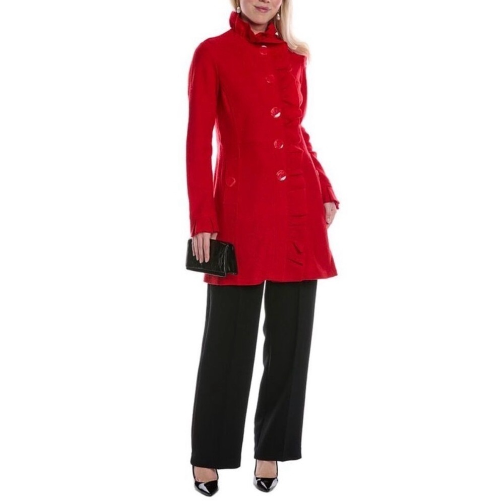 Renuar | Vibrant Red Boiled Wool Blend Ruffled Coat | Sz M